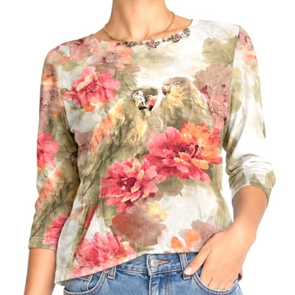 Samantha Grey Parrot Top Women M Beaded Botanical Hibiscus Boho Nature Blouse